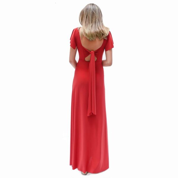 Vestido Largo Mangas Rojo Italiano Lycra Lazo Espalda Bordado A Mano Maria Paskaro - Imagen 3