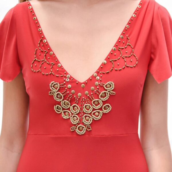 Vestido Largo Mangas Rojo Italiano Lycra Lazo Espalda Bordado A Mano Maria Paskaro - Imagen 4
