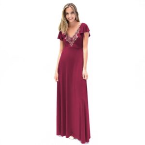Vestido Largo Mangas Burdeo Lycra Lazo Espalda Bordado A Mano Maria Paskaro