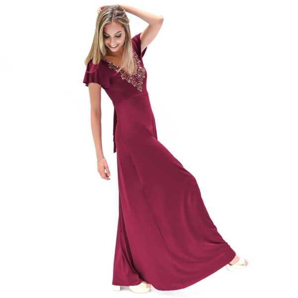 Vestido Largo Mangas Burdeo Lycra Lazo Espalda Bordado A Mano Maria Paskaro - Imagen 2