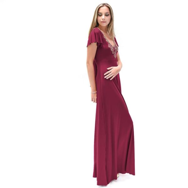 Vestido Largo Mangas Burdeo Lycra Lazo Espalda Bordado A Mano Maria Paskaro - Imagen 3