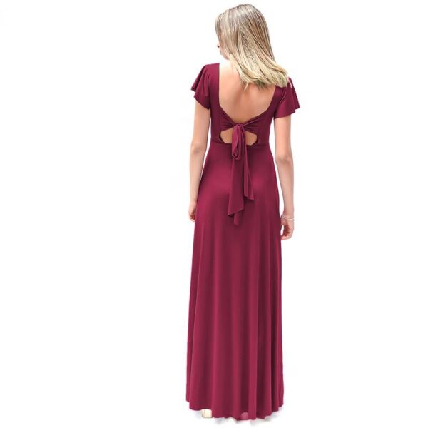 Vestido Largo Mangas Burdeo Lycra Lazo Espalda Bordado A Mano Maria Paskaro - Imagen 4