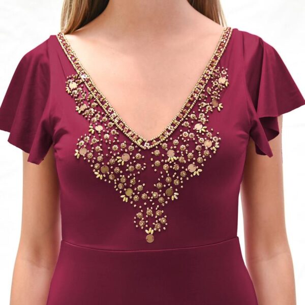 Vestido Largo Mangas Burdeo Lycra Lazo Espalda Bordado A Mano Maria Paskaro - Imagen 5