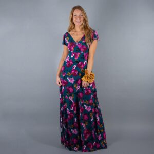 Vestido Largo Mangas Petroleo Flores Fucsia Lycra Lazo Espalda Maria Paskaro