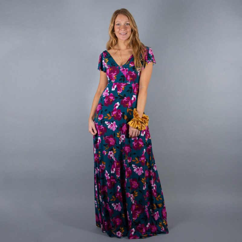 Vestido Largo Mangas Petroleo Flores Fucsia Lycra Lazo Espalda Maria Paskaro