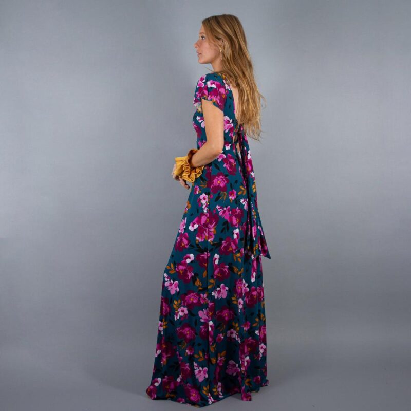 Vestido Largo Mangas Petroleo Flores Fucsia Lycra Lazo Espalda Maria Paskaro