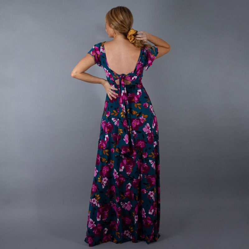 Vestido Largo Mangas Petroleo Flores Fucsia Lycra Lazo Espalda Maria Paskaro