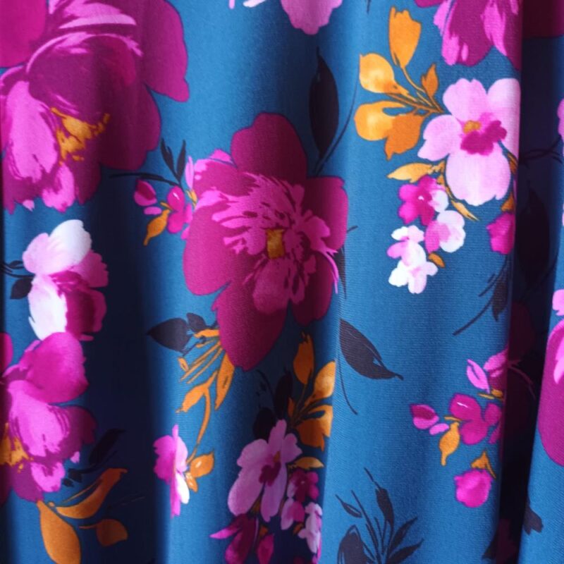 Vestido Largo Mangas Petroleo Flores Fucsia Lycra Lazo Espalda Maria Paskaro