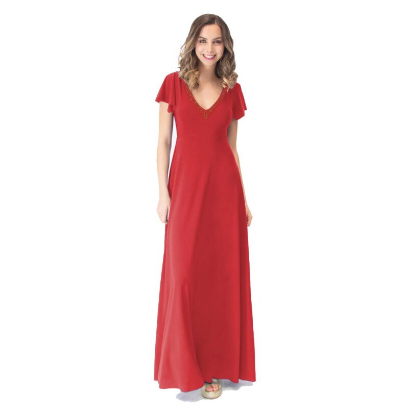 Vestido Largo Mangas Rojo Furioso Lycra Lazo Espalda Bordado A Mano Maria Paskaro