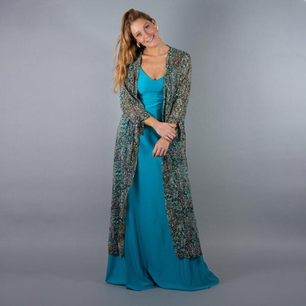 Tapado Kimono Largo Vuelos Turquesa Multicolor Chiffon Maria Paskaro