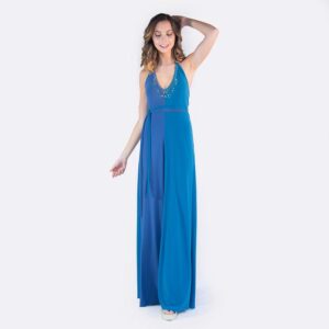 Vestido Largo Merida Turquesa Lycra Bordado B Maria Paskaro