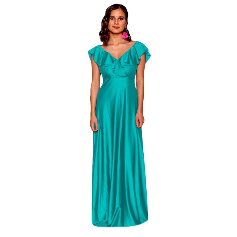 Vestido Largo Marken Turquesa Lycra Vuelo Grande Maria Paskaro