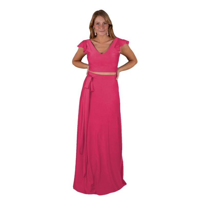 Conjunto Lima Fucsia Lycra Falda Lazo Maria Paskaro