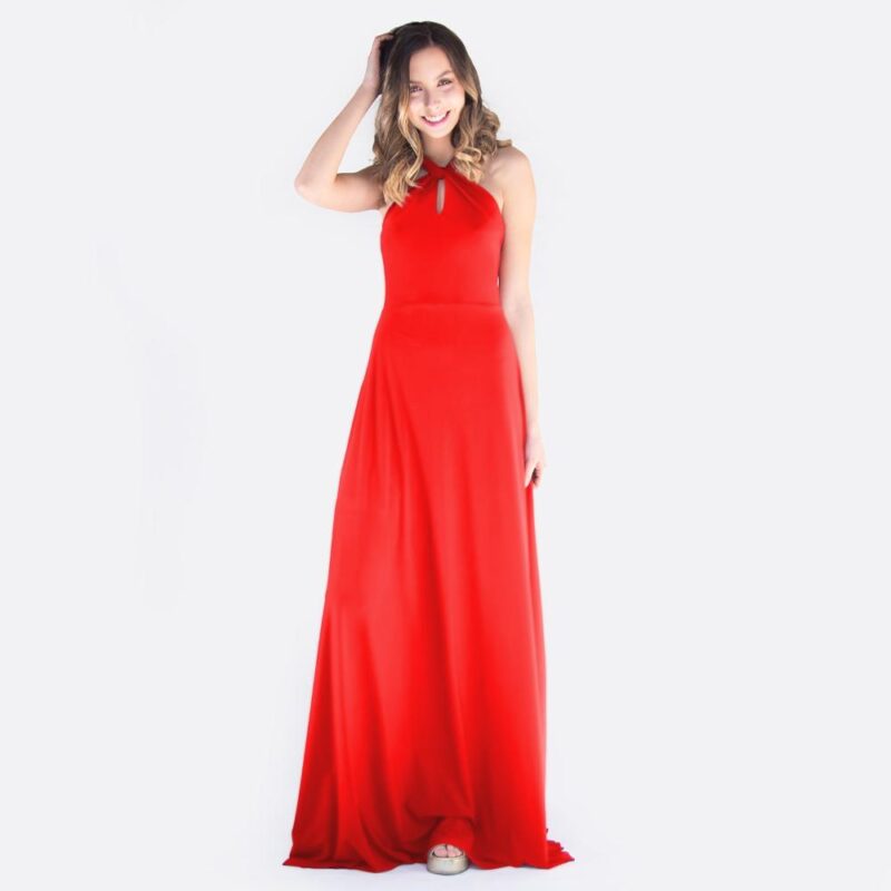 Vestido Largo Oporto Rojo Furioso Lycra Halter Amarra Maria Paskaro