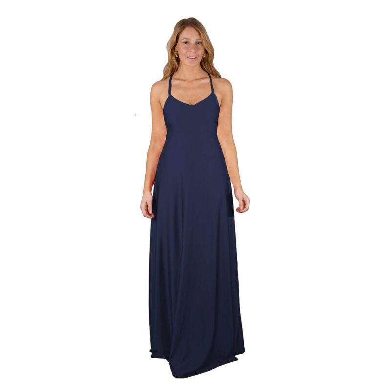 Vestido Largo Paris Azul Marino Lycra Lazo Maria Paskaro