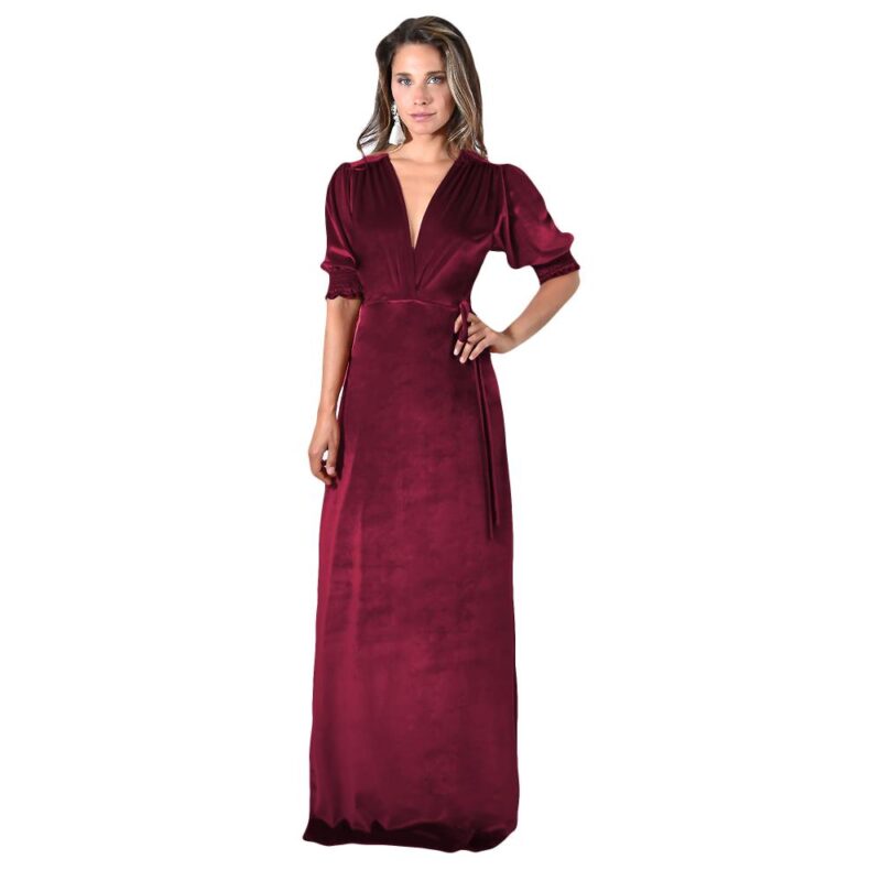 Vestido Largo Sevilla Burdeo Terciopelo Mangas  Maria Paskaro