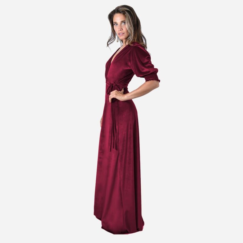 Vestido Largo Sevilla Burdeo Terciopelo Mangas  Maria Paskaro
