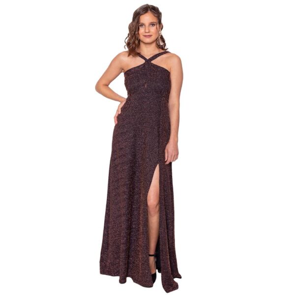 Vestido Largo Pisa Negro Lineas Cobre Lycra Maria Paskaro