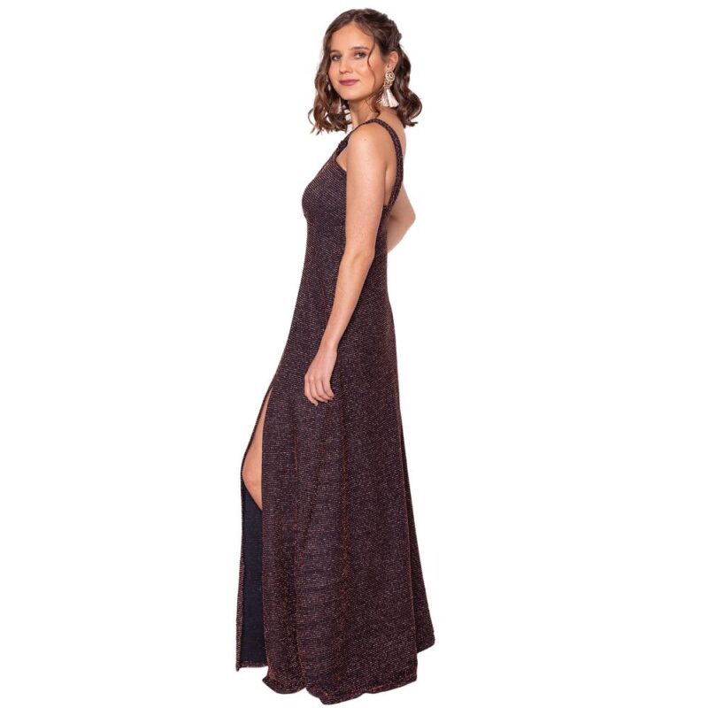 Vestido Largo Pisa Negro Lineas Cobre Lycra Maria Paskaro