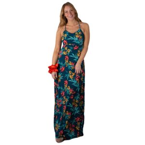 Vestido Largo Paris Turquesa Flores Coral Lycra Lazo Maria Paskaro