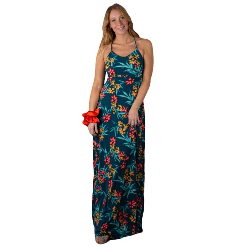 Vestido Largo Paris Turquesa Flores Coral Lycra Lazo Maria Paskaro