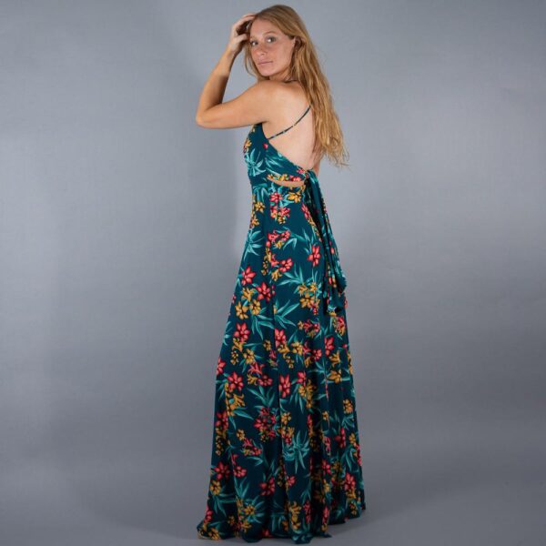 Vestido Largo Paris Turquesa Flores Coral Lycra Lazo Maria Paskaro - Imagen 2