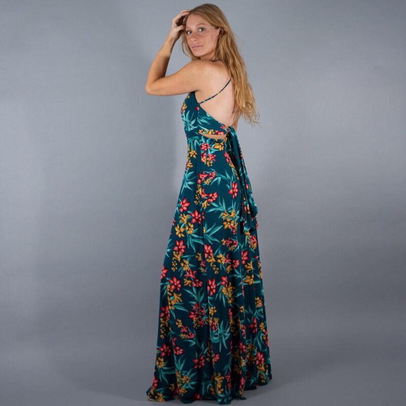 Vestido Largo Paris Turquesa Flores Coral Lycra Lazo Maria Paskaro