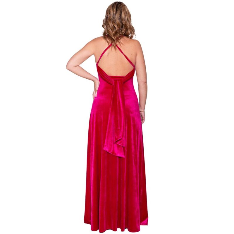 Vestido Largo Paris Fucsia Terciopelo Lazo Maria Paskaro