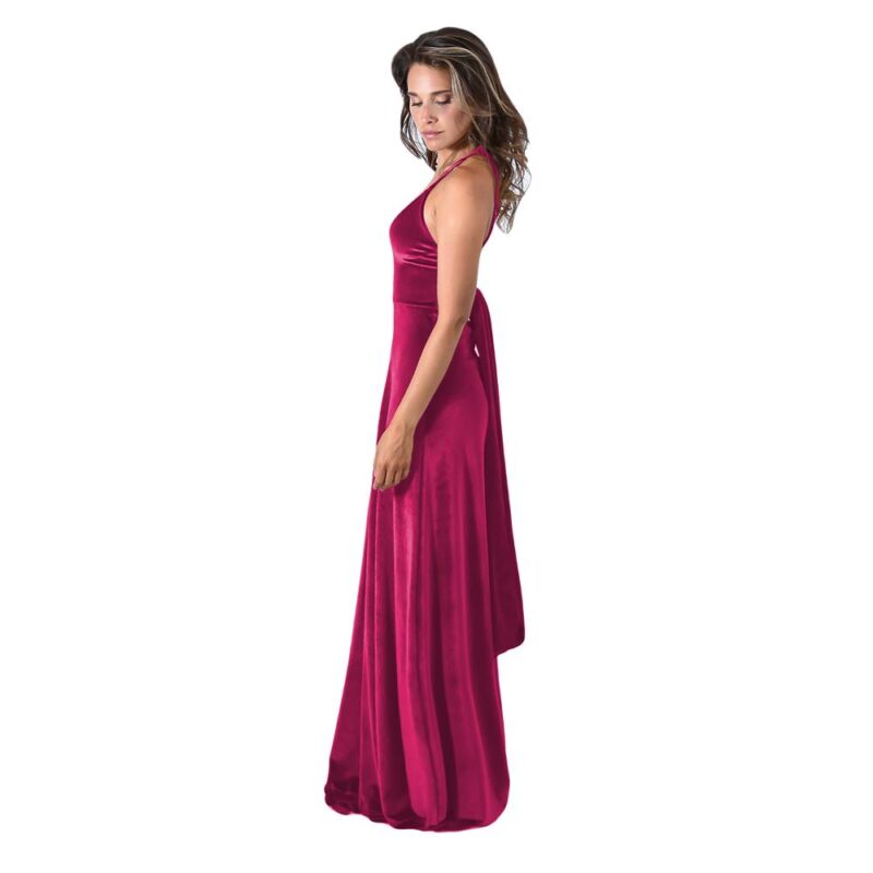 Vestido Largo Paris Fucsia Terciopelo Lazo Maria Paskaro