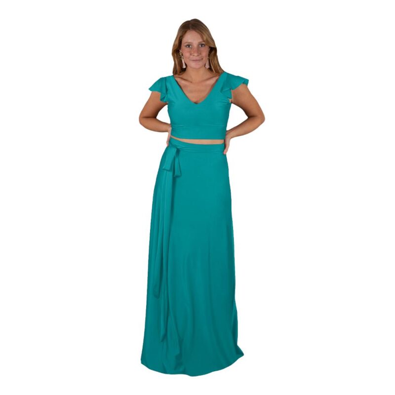 Conjunto Lima Turquesa Lycra Falda Lazo Maria Paskaro