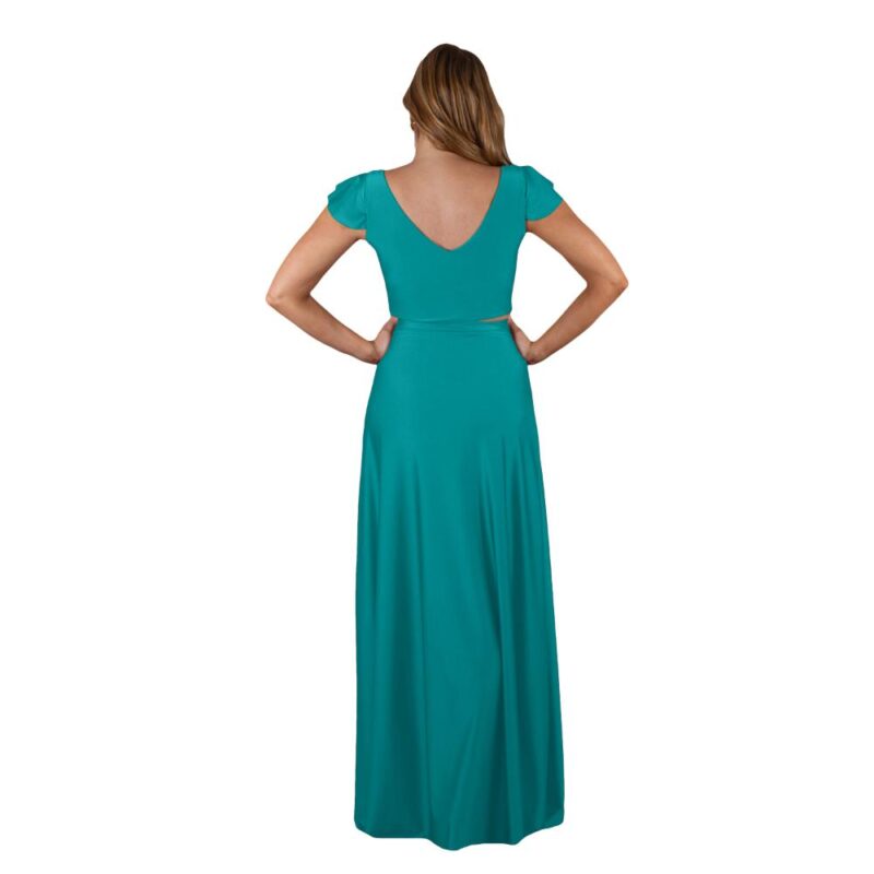 Conjunto Lima Turquesa Lycra Falda Lazo Maria Paskaro