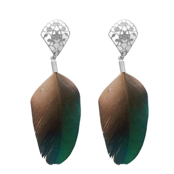 Aros de Pluma Monal Verde Azul Plateado Maria Paskaro