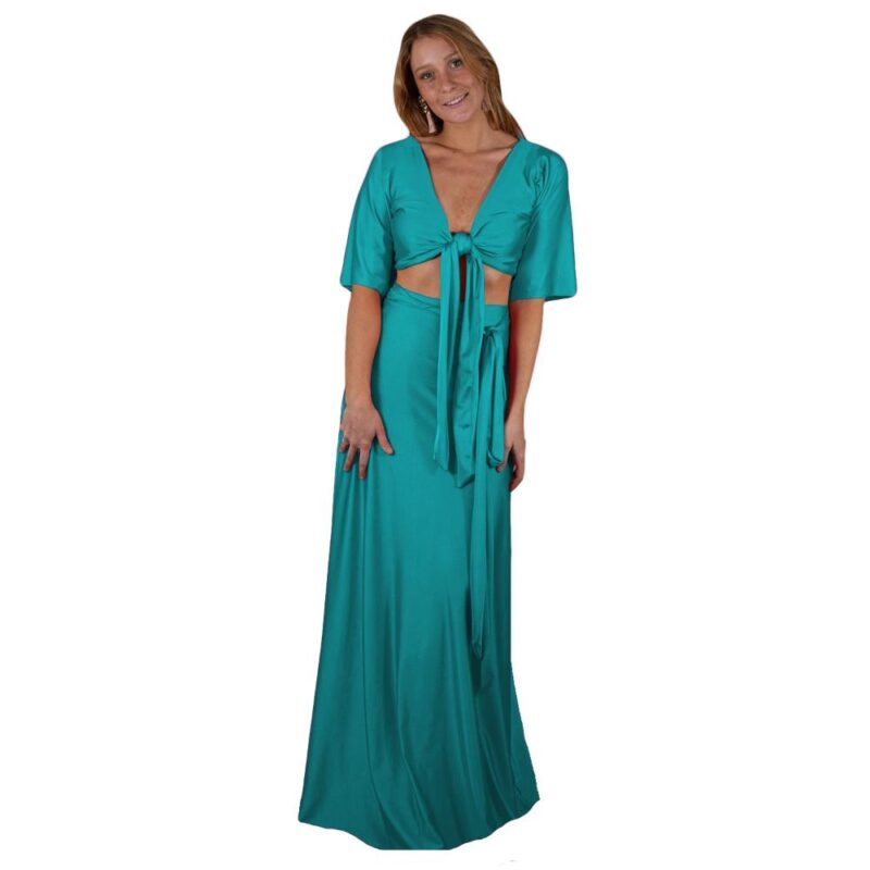 Conjunto Monaco Turquesa Lycra Falda Lazo Maria Paskaro