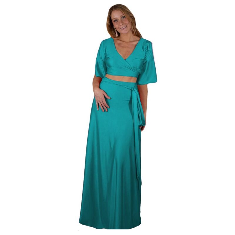 Conjunto Monaco Turquesa Lycra Falda Lazo Maria Paskaro
