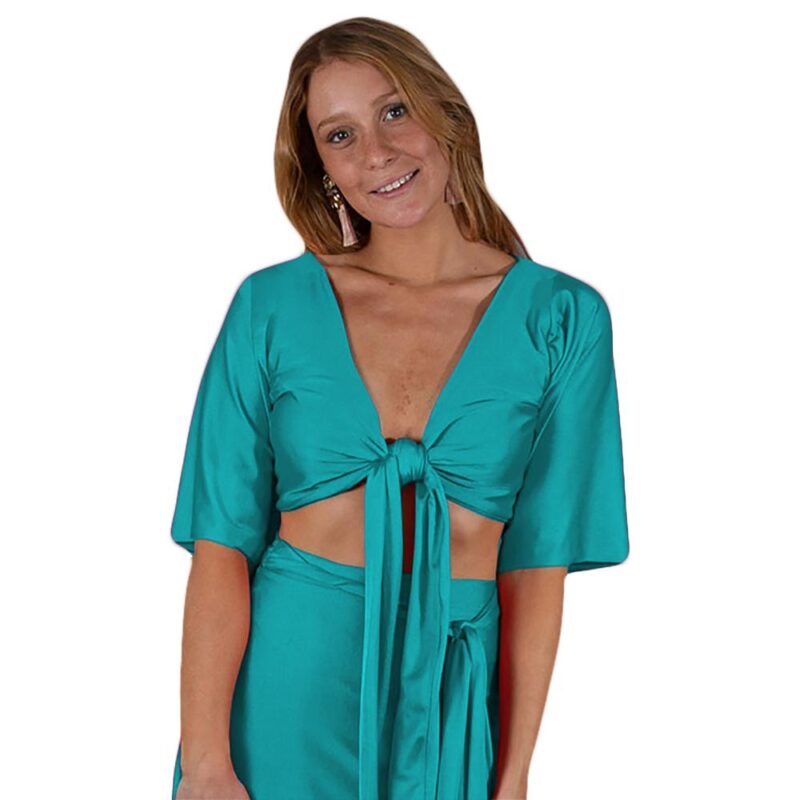 Conjunto Monaco Turquesa Lycra Falda Lazo Maria Paskaro