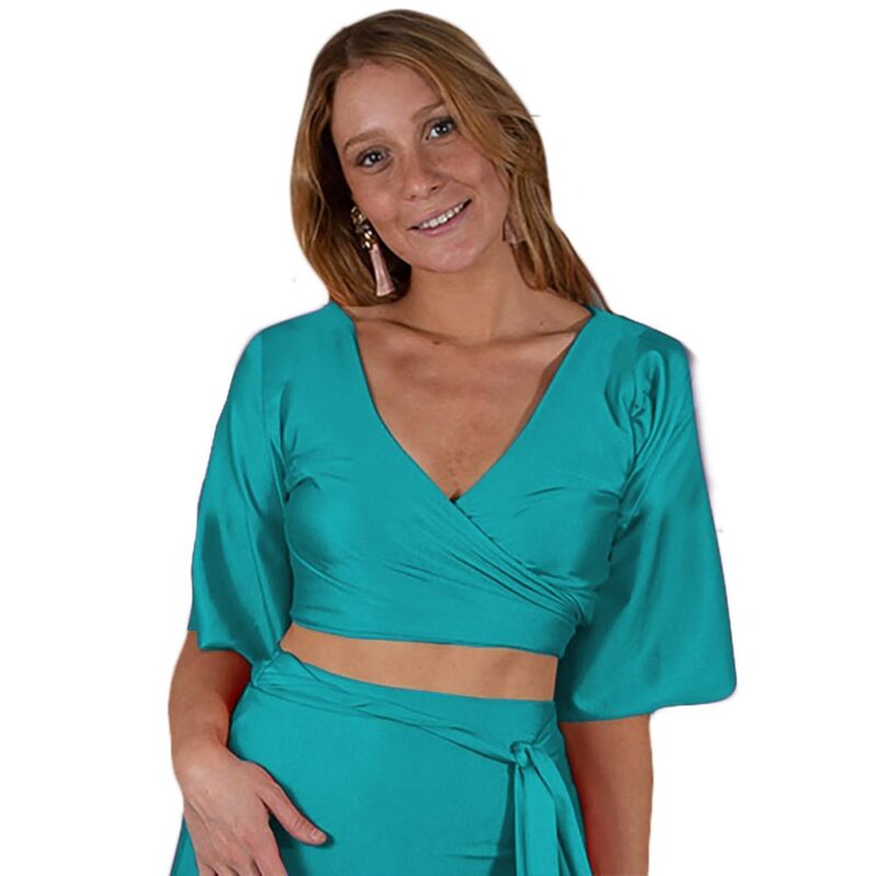 Conjunto Monaco Turquesa Lycra Falda Lazo Maria Paskaro