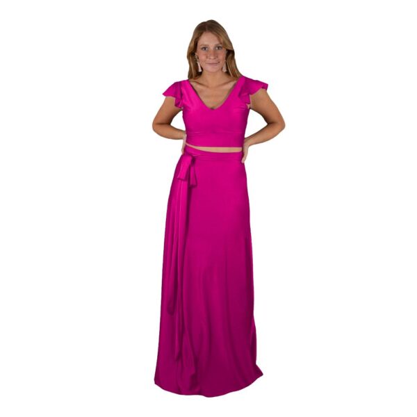 Conjunto Lima Magenta Lycra Dupont Falda Lazo Maria Paskaro
