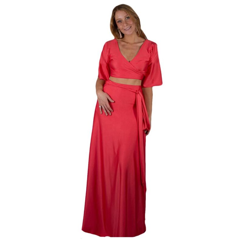 Conjunto Monaco Coral Lycra Falda Lazo Maria Paskaro