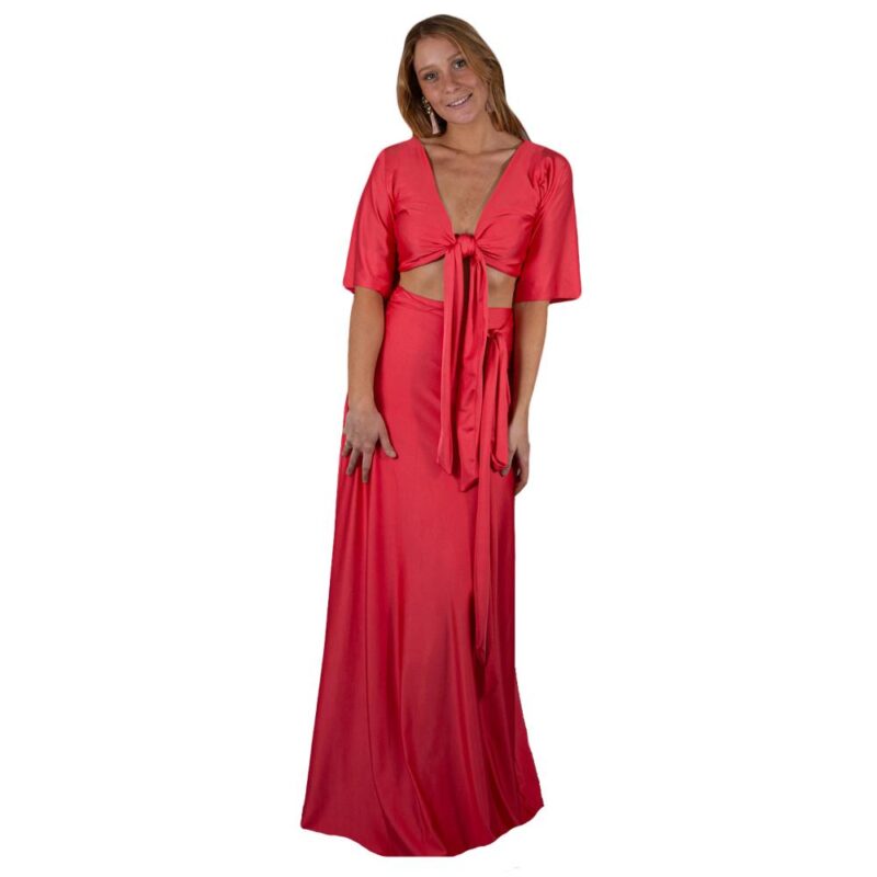Conjunto Monaco Coral Lycra Falda Lazo Maria Paskaro