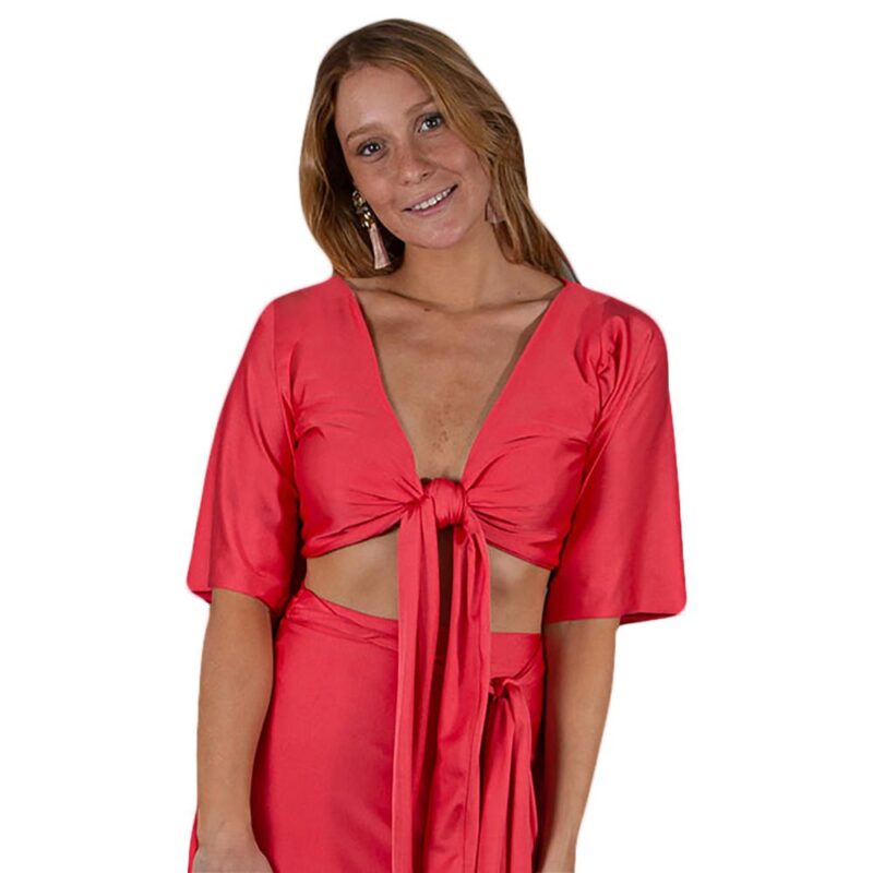 Conjunto Monaco Coral Lycra Falda Lazo Maria Paskaro