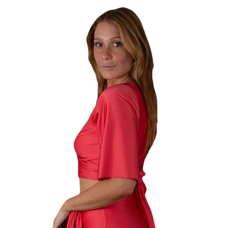 Conjunto Monaco Coral Lycra Falda Lazo Maria Paskaro