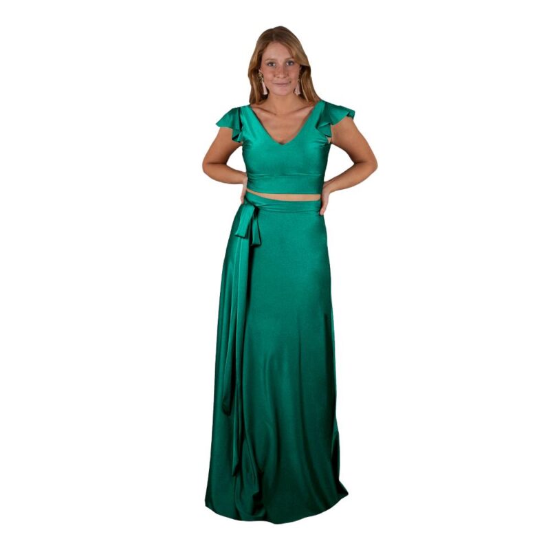 Conjunto Lima Esmeralda Lycra Dupont Falda Lazo Maria Paskaro
