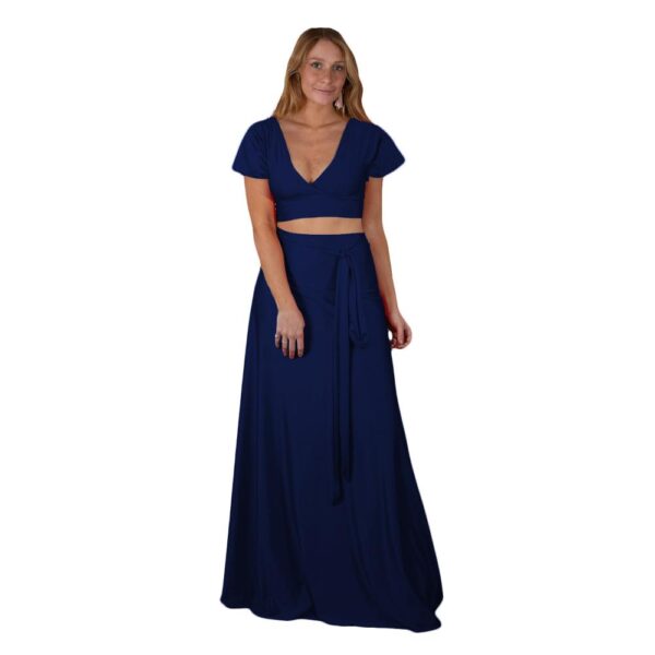 Conjunto Roma Azul Marino Lycra Falda Lazo Maria Paskaro