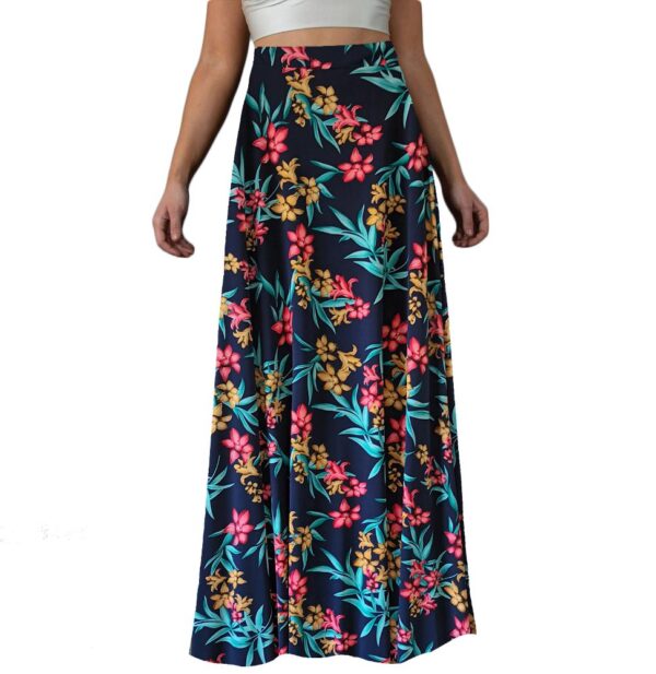 Falda Larga Bristol Azul Flores Coral Lycra Maria Paskaro