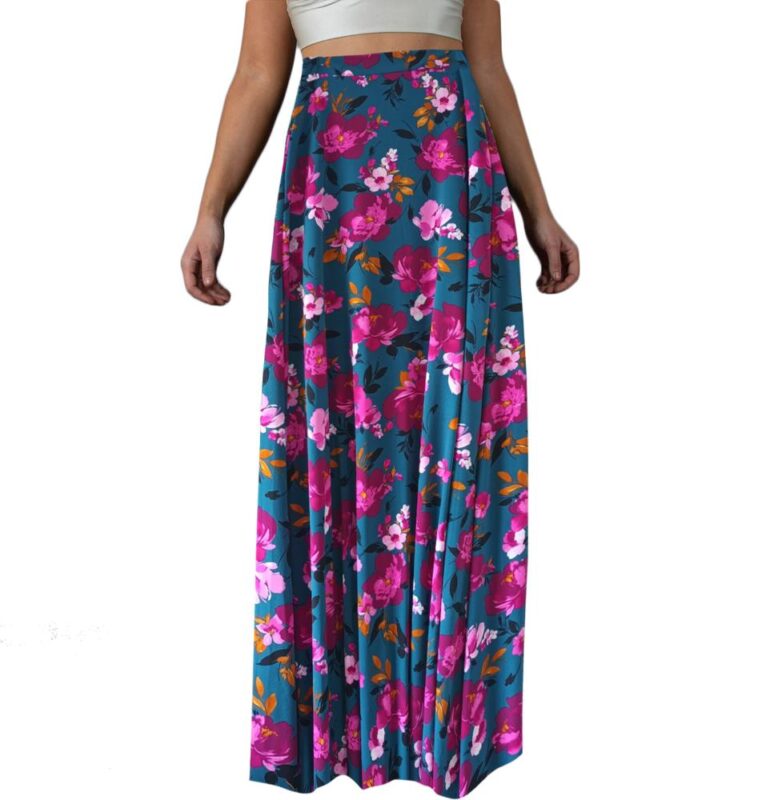 Falda Larga Bristol Petroleo Flores Fucsia Lycra Maria Paskaro