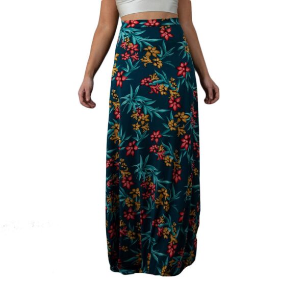 Falda Larga Bristol Turquesa Flores Coral Lycra Maria Paskaro