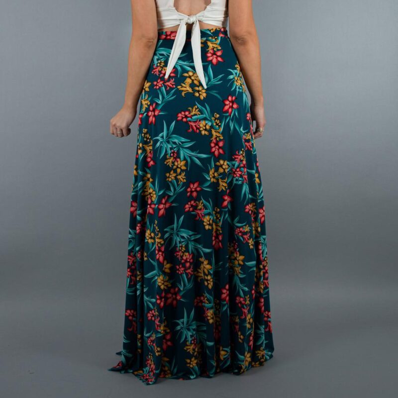 Falda Larga Bristol Turquesa Flores Coral Lycra Maria Paskaro