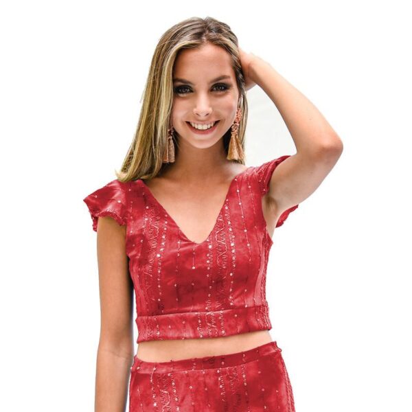 Peto Lima Rojo Lentejuelas Lycra Manga Vuelo Maria Paskaro