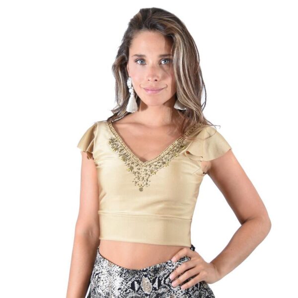 Peto Lima Dorado Lycra Dupont Manga Vuelo Bordado Maria Paskaro