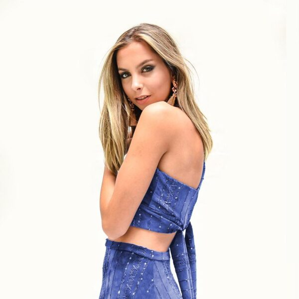 Peto Perena Azul Lentejuelas Lycra Halter Lazo Espalda Maria Paskaro - Imagen 3
